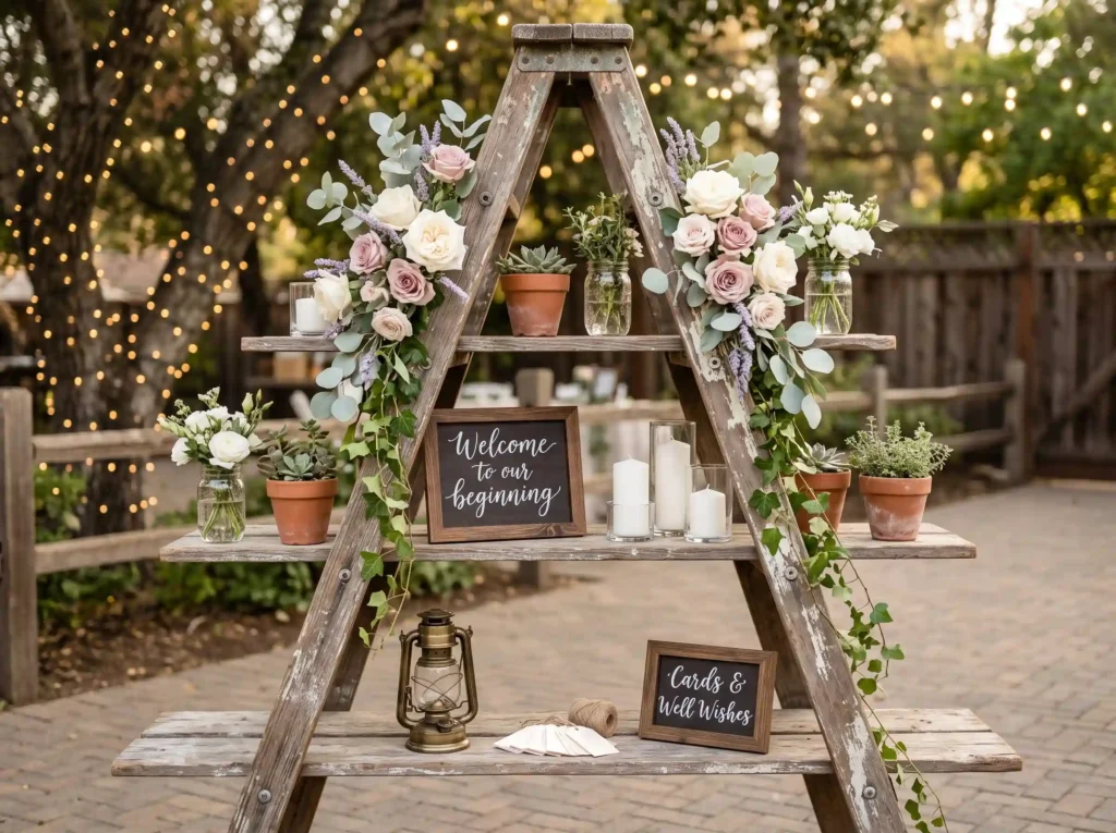 Ladder Floral Display Inspiration A thrifted wo Decorating wooden ladder with fl…