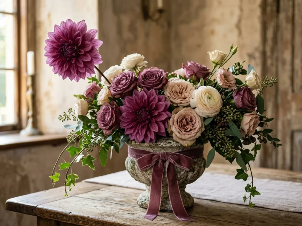 Mauve dahlia vintage wedding cen…
