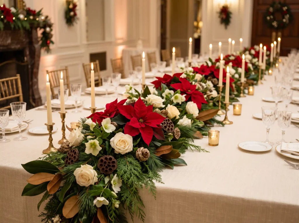 Red Poinsettia Garden Garland Inspiration This Red poinsettia wedding table gar…