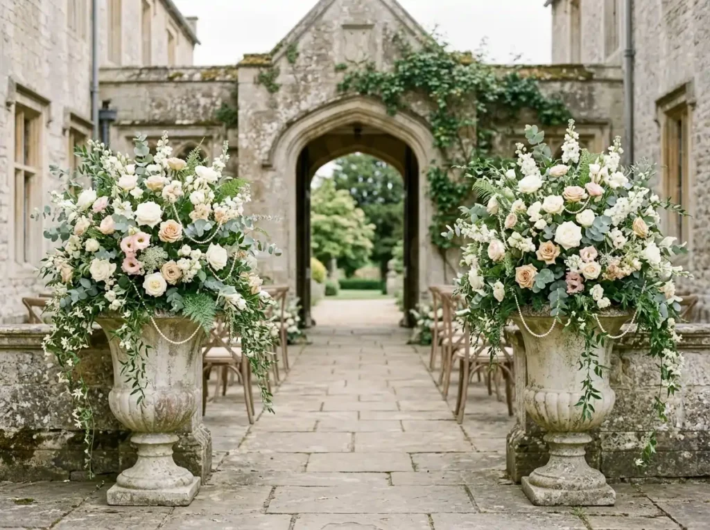 Urns with roses and pearls