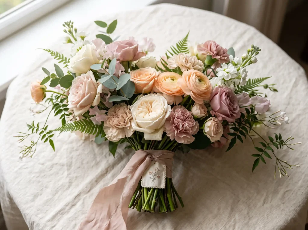 Vintage bridal bouquet on linen