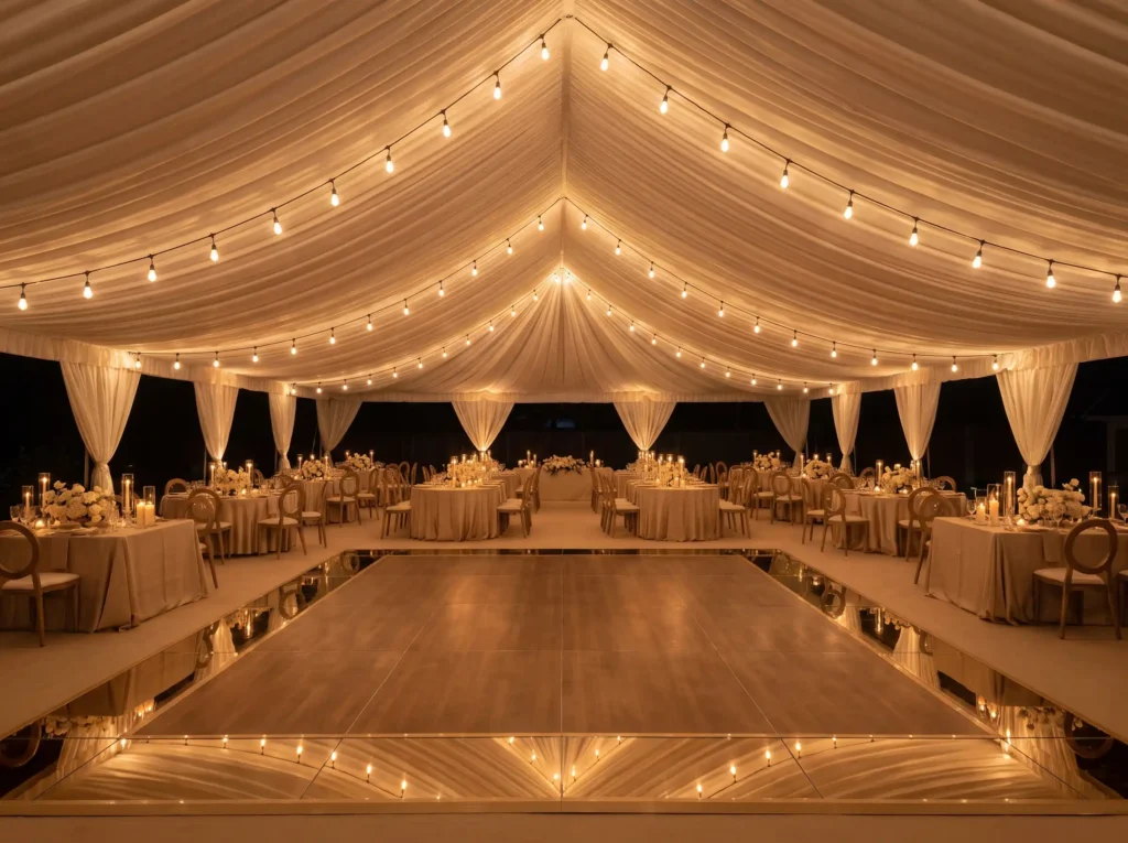 Champagne glow draped dinner setup K