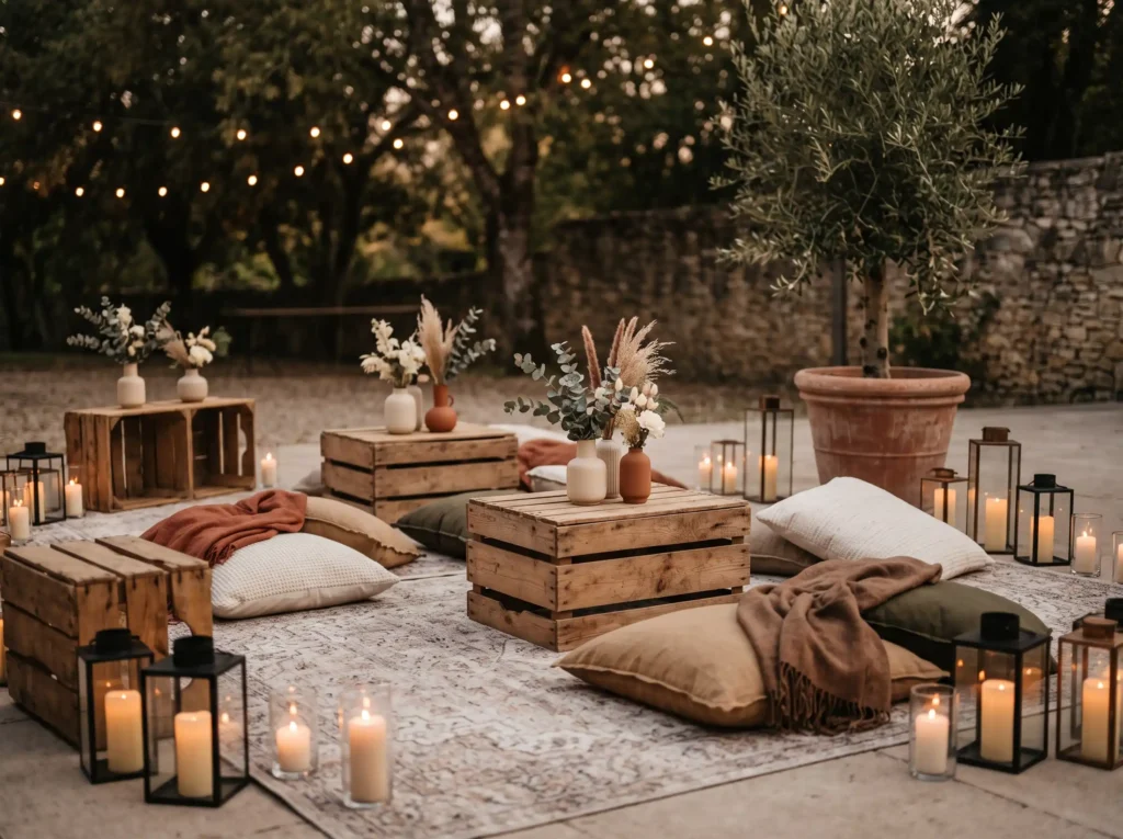 Candlelit Crate Lounge Inspiration The rustic w Cozy crate lounge setup K