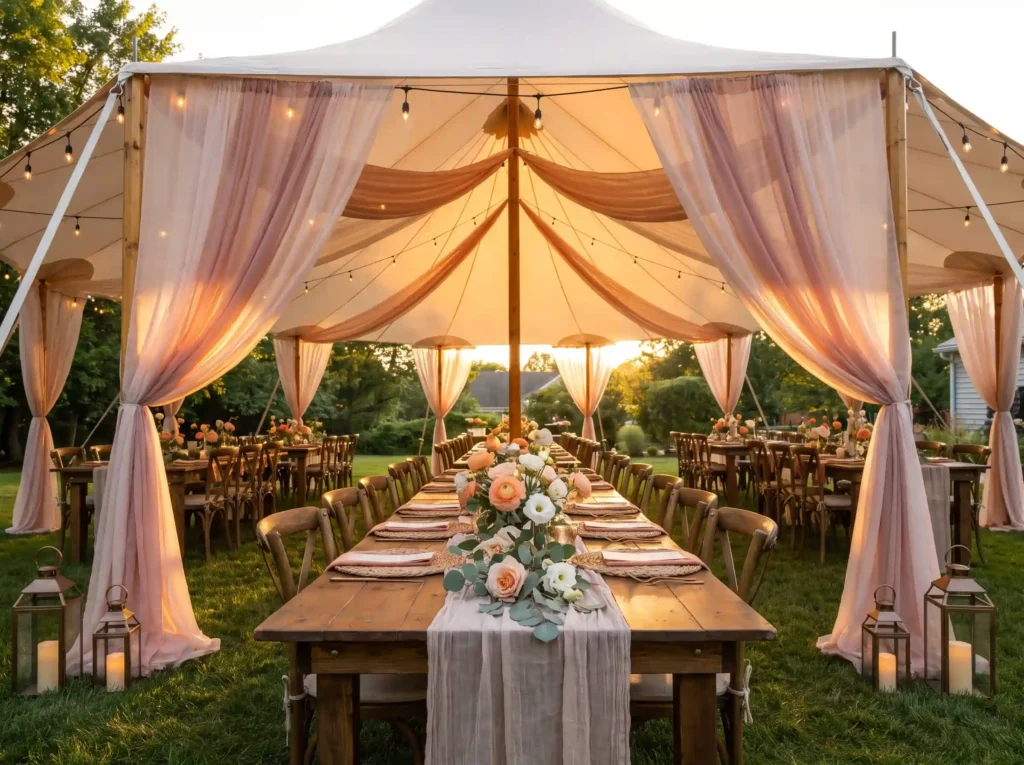 Sailcloth tent at sunset wedding K