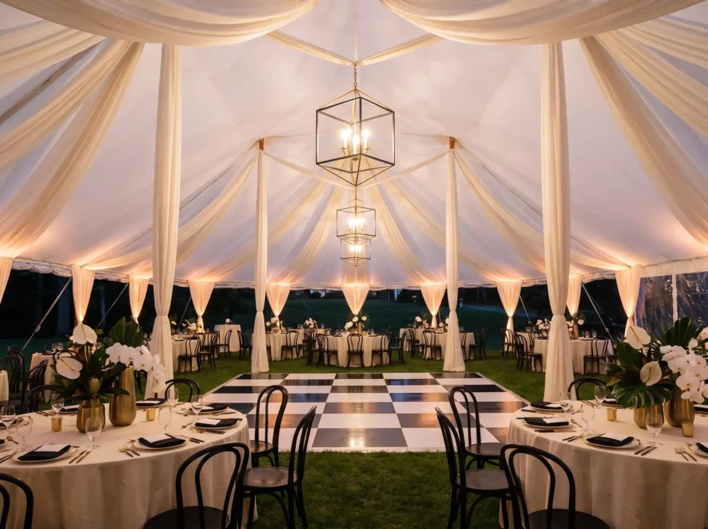 Black tie wedding tent reception K