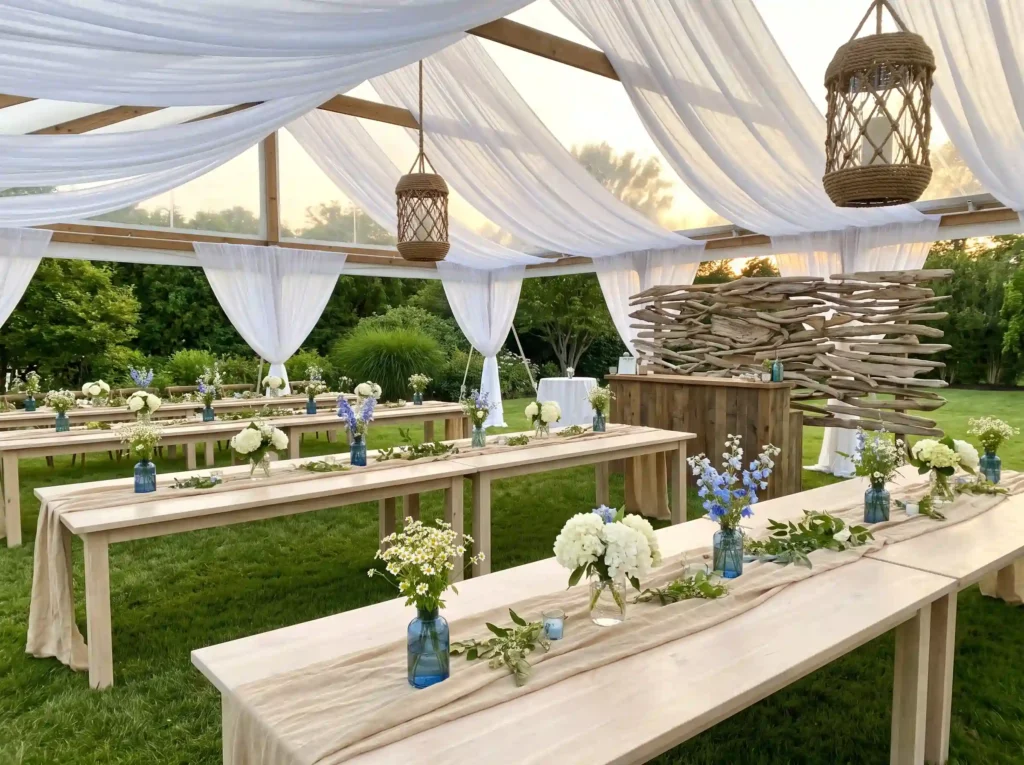 Coastal white linen tent wedding K