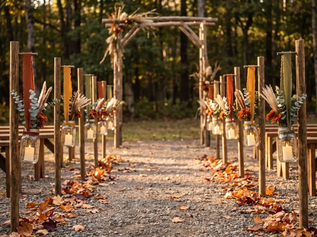 Mason jars lining wedding aisle K
