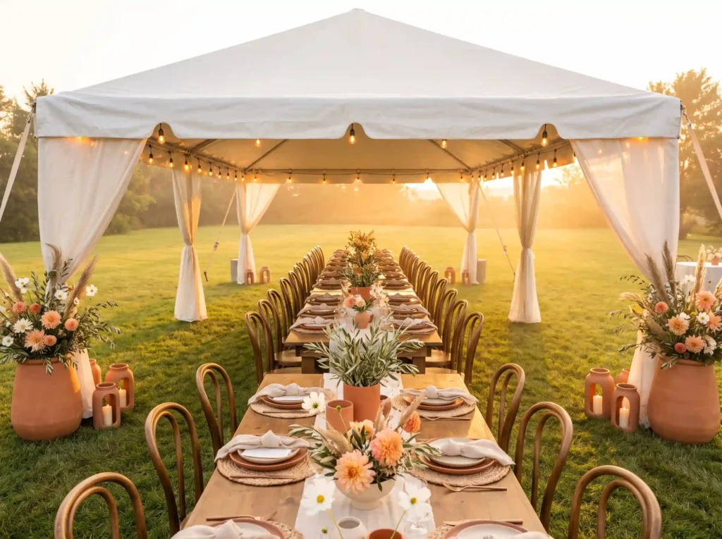 Backyard wedding tent at sunset K
