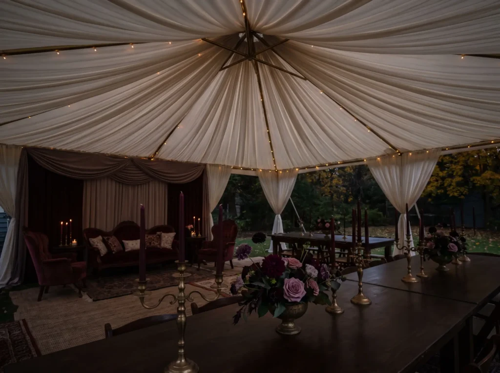Moody plum candlelit tent reception K