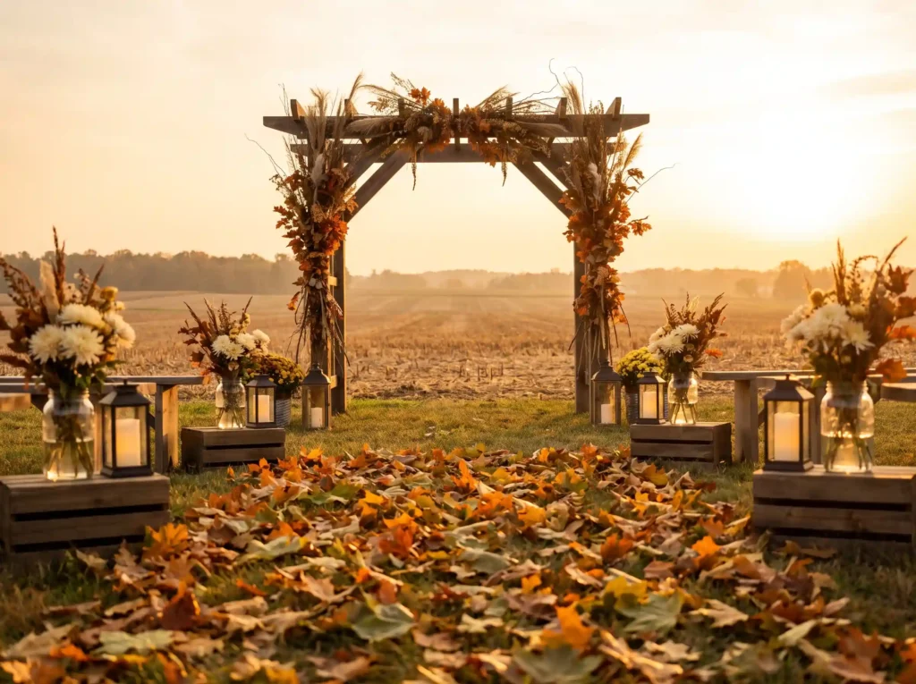 Autumn wedding ceremony aisle setup K