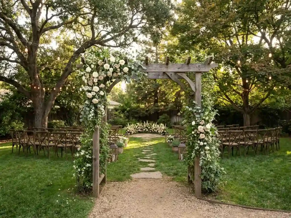 Backyard wedding ceremony setup