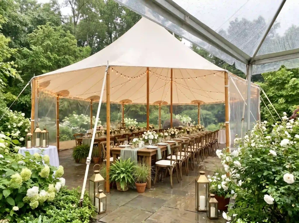 Backyard wedding tent in rain K