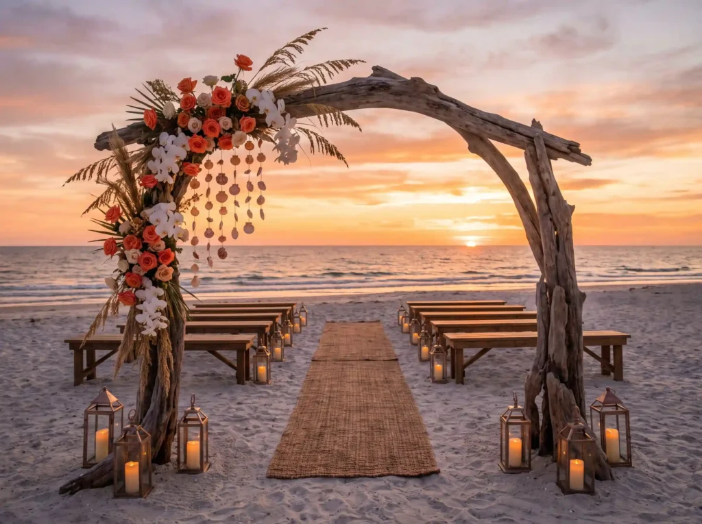 Driftwood arch at sunset ceremony K