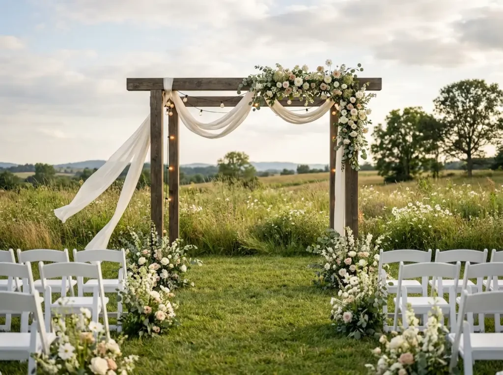 Meadow ribbon arbor wedding cere…