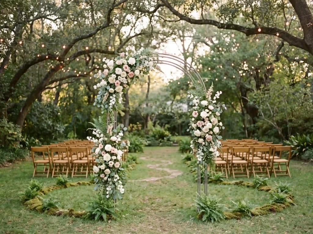 Secret garden arbor ceremony setup K