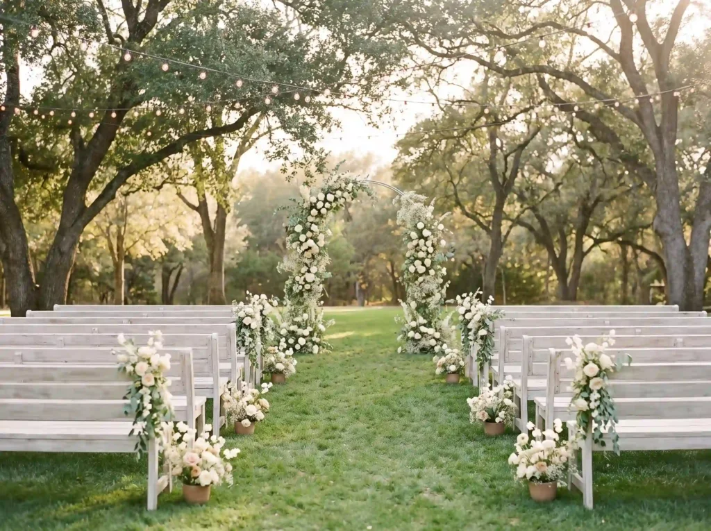 Whitewashed benches in garden ce… K