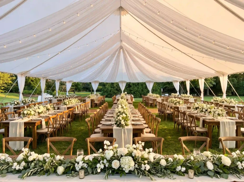 . Backyard wedding reception with K