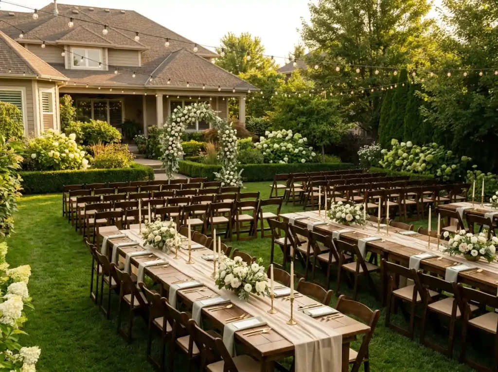 Backyard wedding ceremony and di…