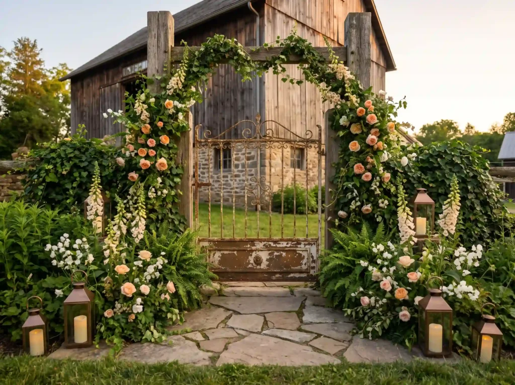 Garden gate barn ceremony entrance K