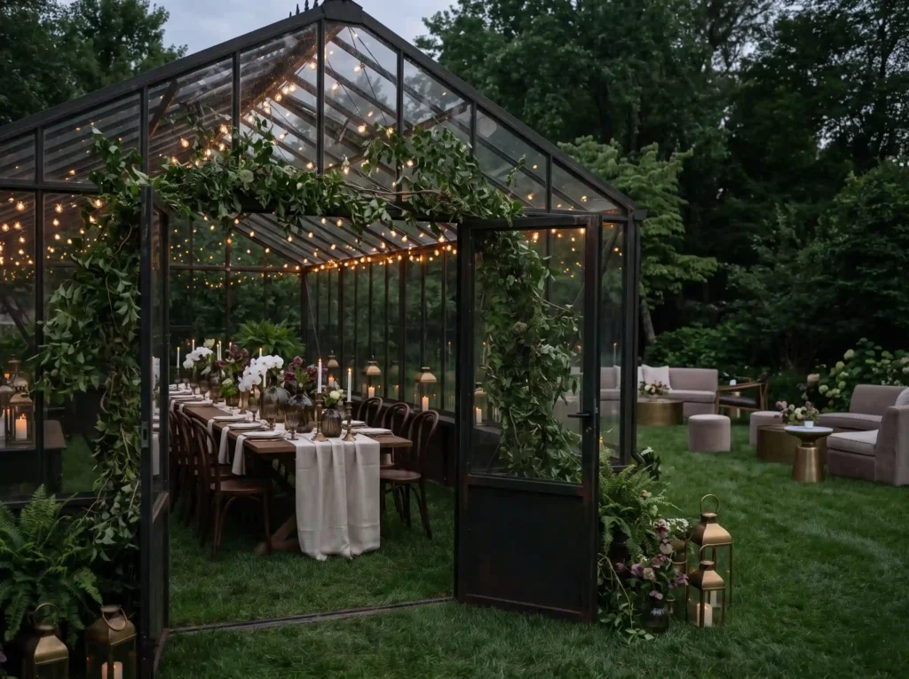 Greenhouse wedding reception dinner K