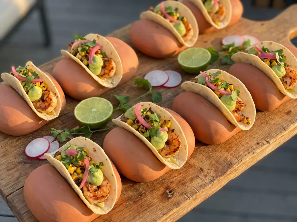 Shrimp tacos arranged on board K
