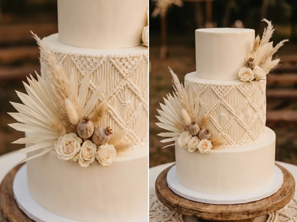 Tiered macramé wedding cake deco… K