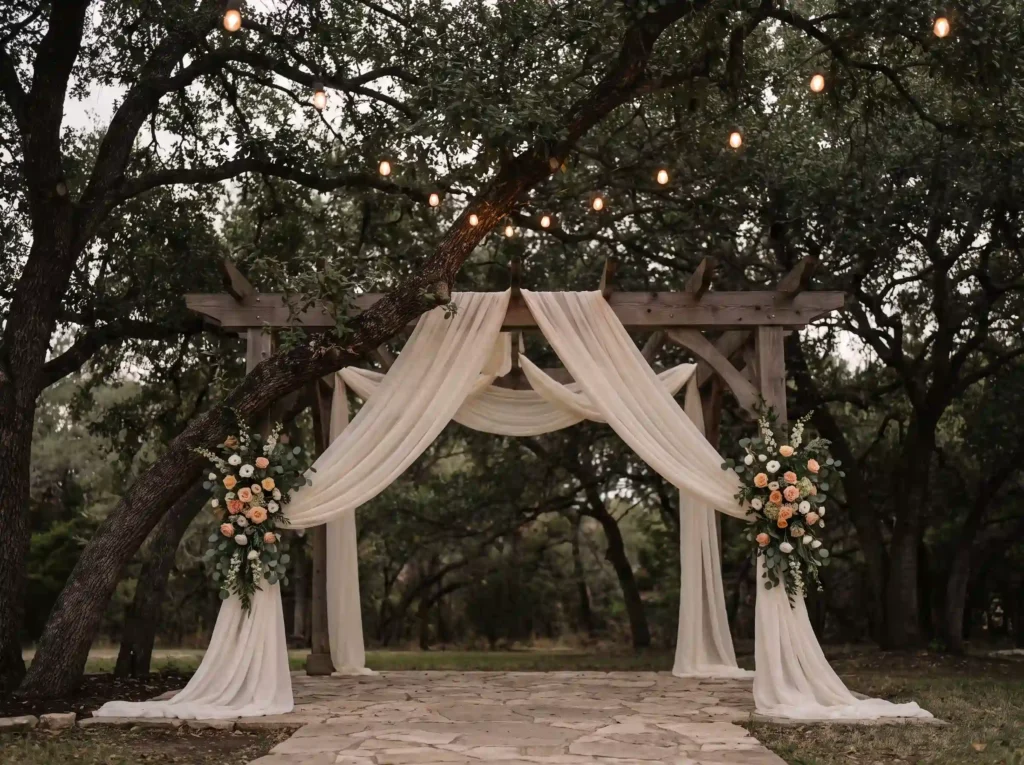 Cream drapery beneath oak trees K