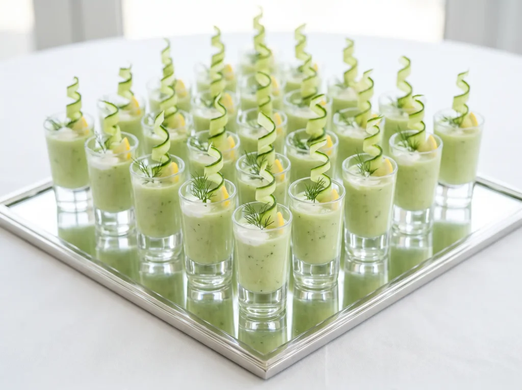 Cucumber gazpacho shooters on tray K