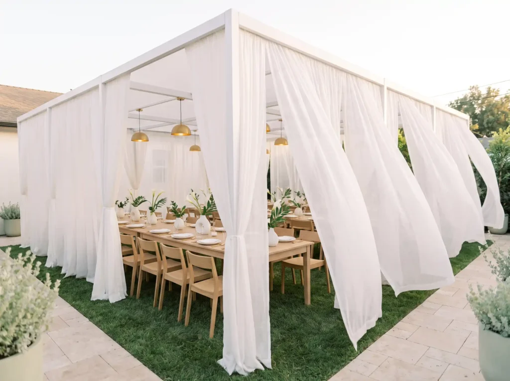 Minimalist white ribbon tent setup K