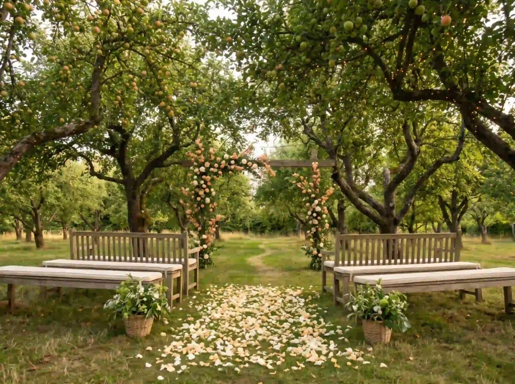 Orchard wedding ceremony setup K