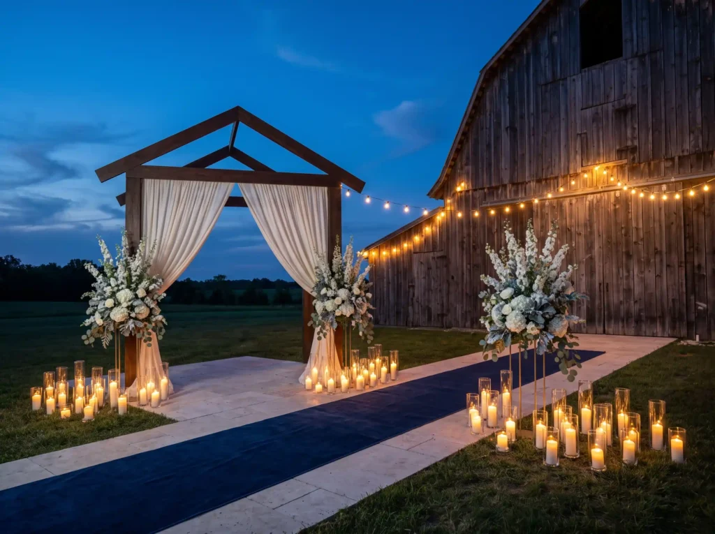 Blue hour farmhouse wedding cere… K