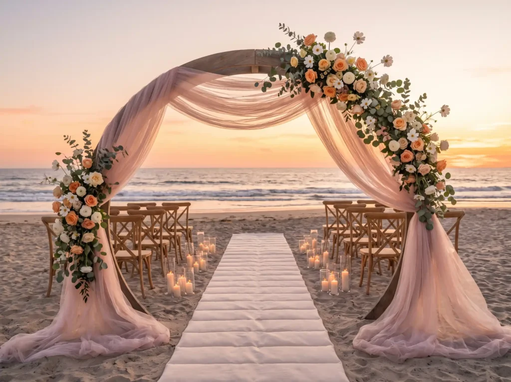 Blush tulle wave arch ceremony K