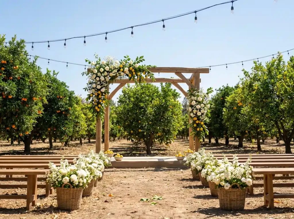 Citrus grove wedding ceremony setup