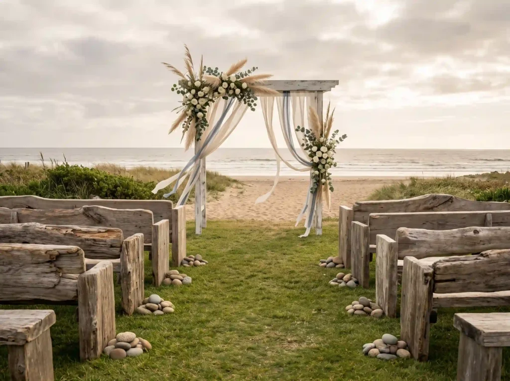 Coastal driftwood benches ceremony K
