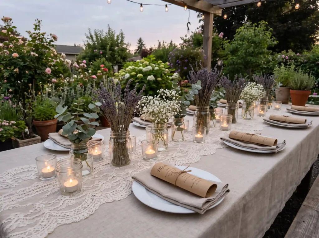 Cottage wedding table decor setup K