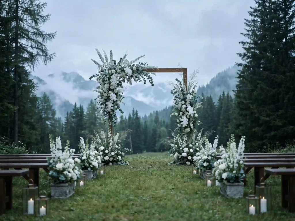Misty mountain floral gate ceremony K