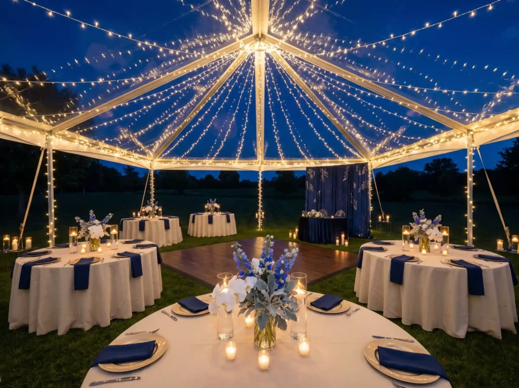 Navy evening wedding tent setup K