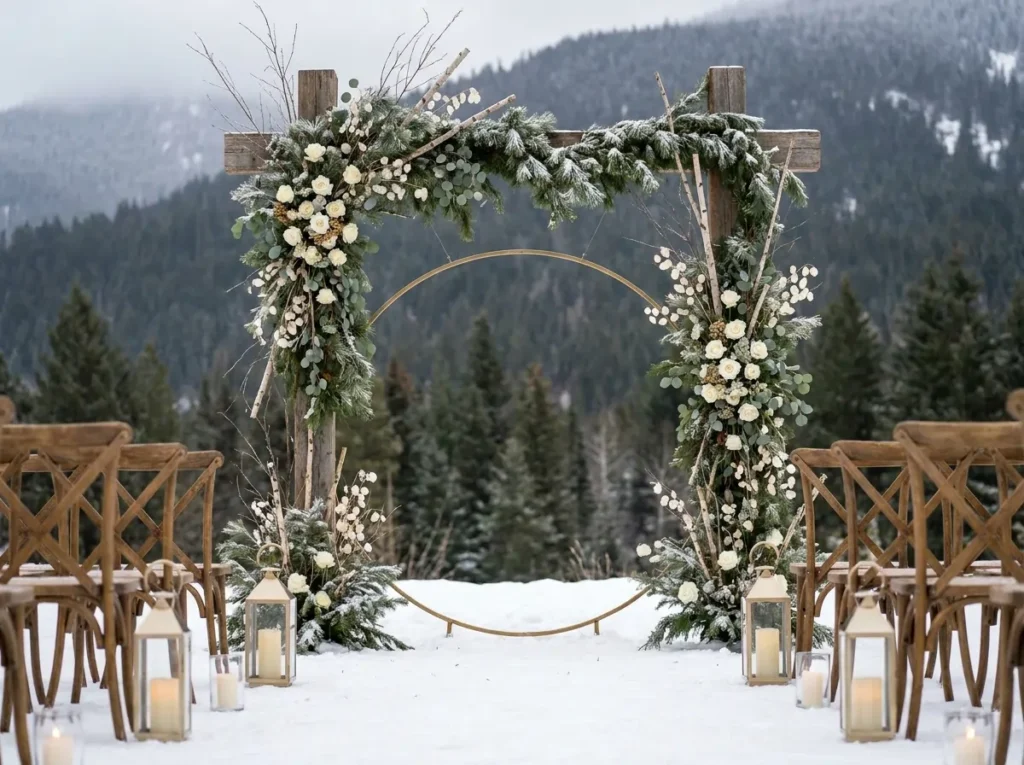 Snowy mountain wedding ceremony …