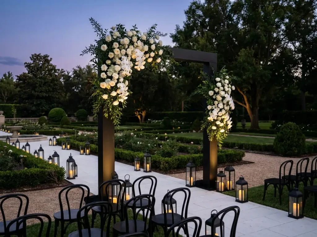 Black tie garden wedding setup
