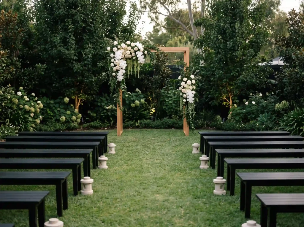 Black benches in botanical garden K