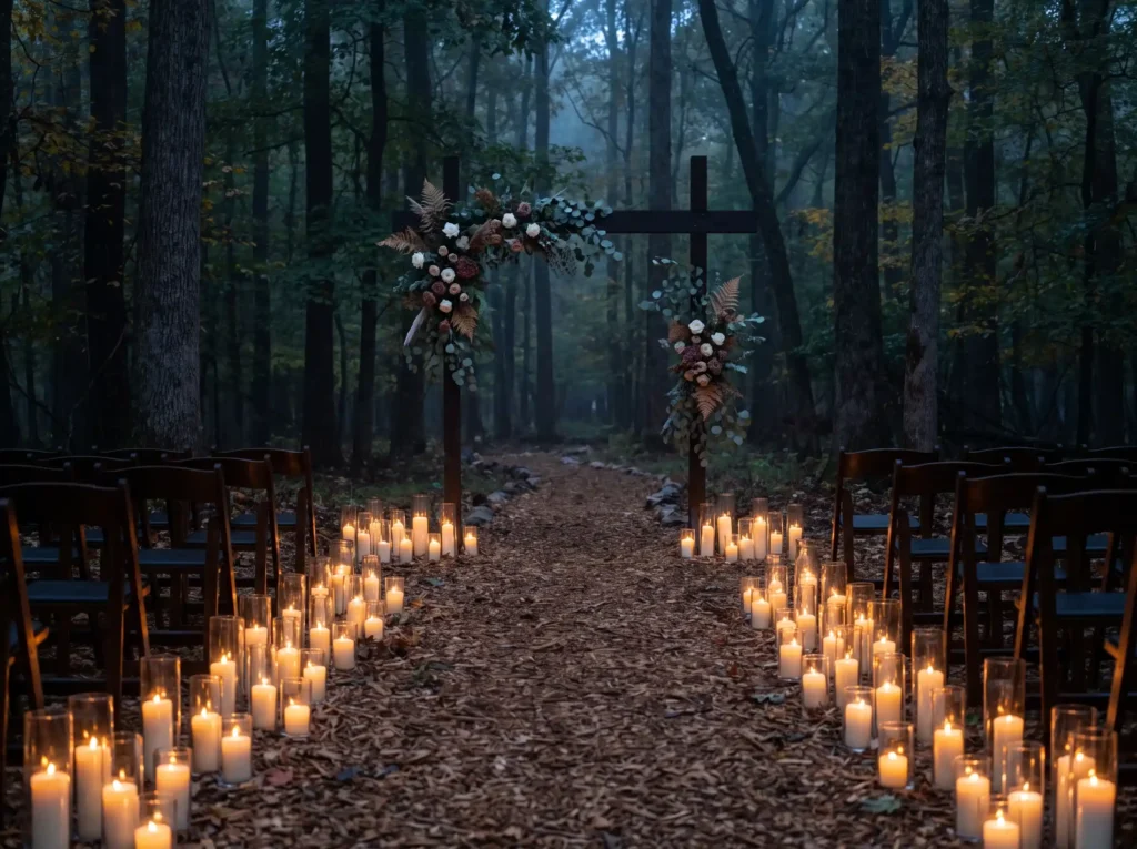 Candlelit forest wedding ceremony K
