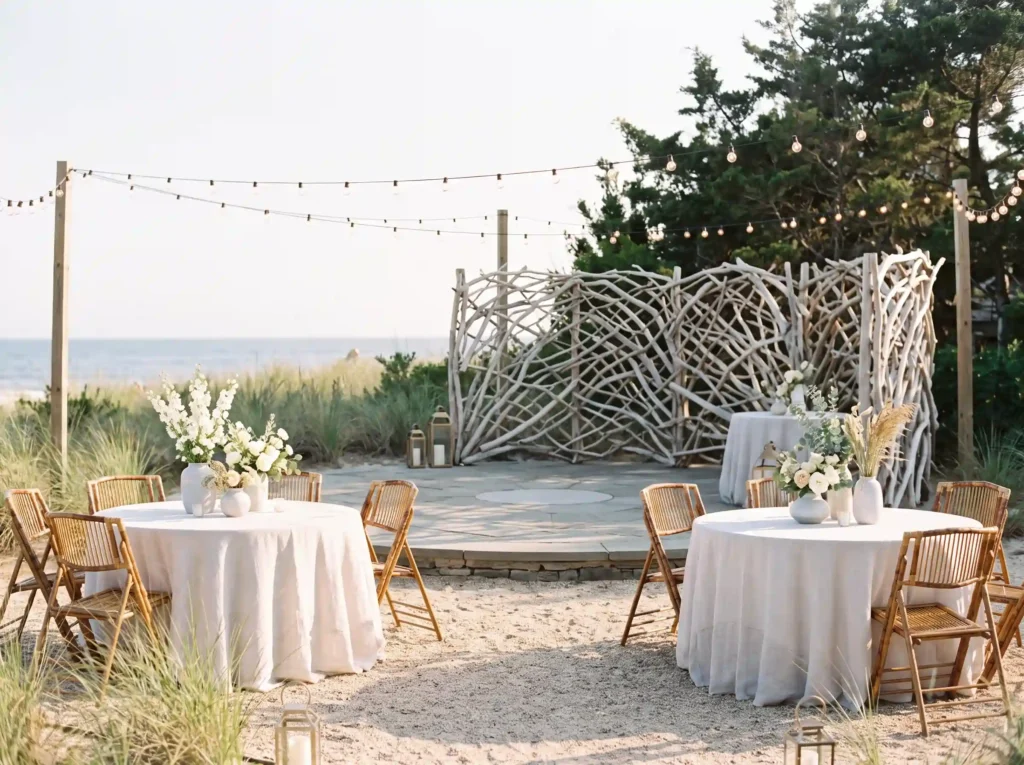 Coastal backyard wedding setup K
