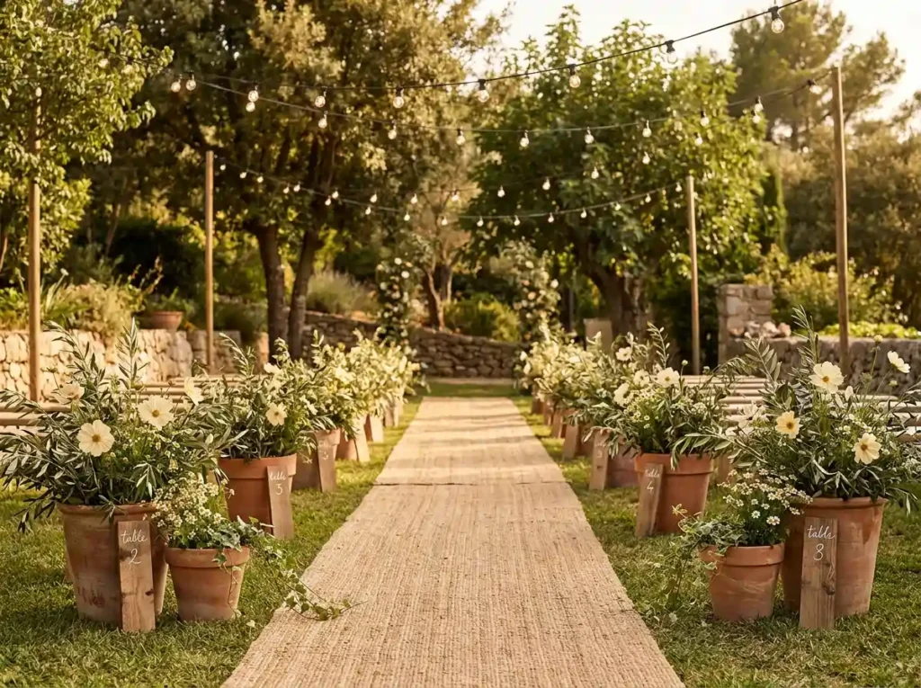 Terracotta pots line wedding aisle