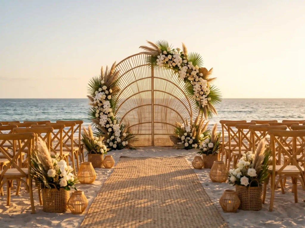 Tropical beach wedding altar setup K
