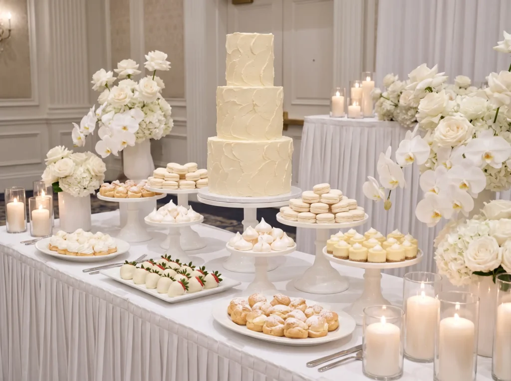 White wedding dessert table display K