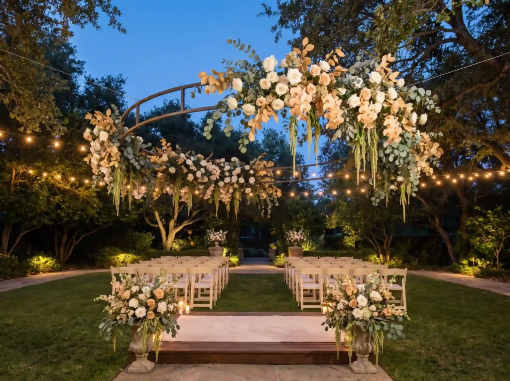 Hanging floral halo ceremony setup K
