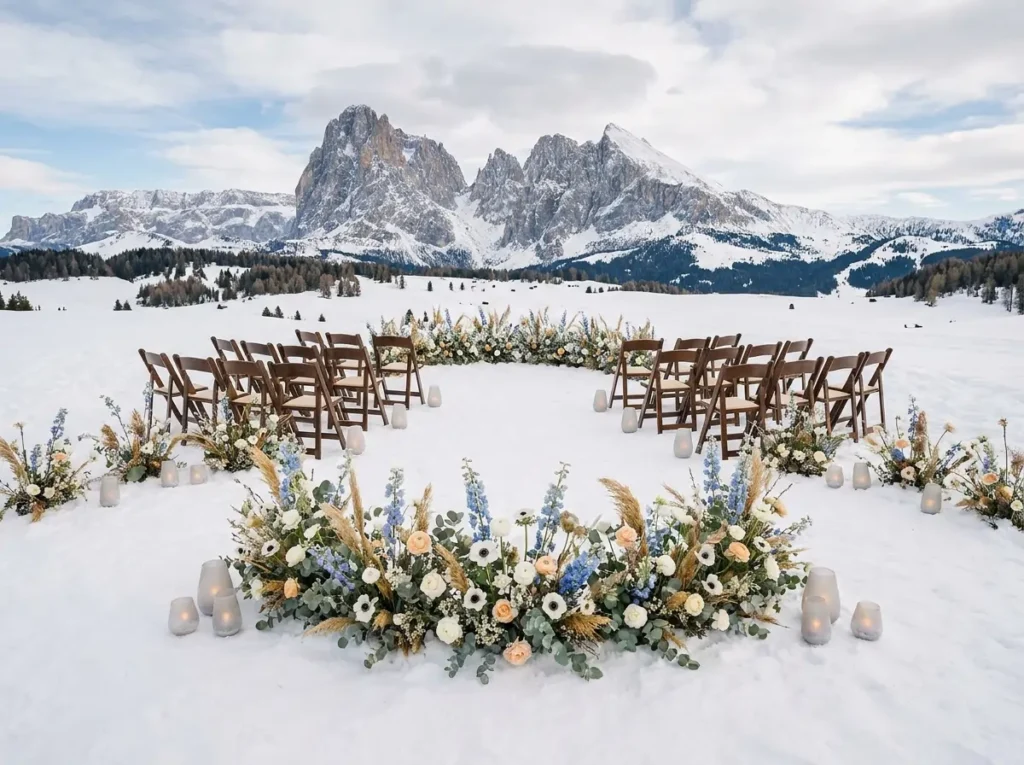 Snowy alpine wedding ceremony setup