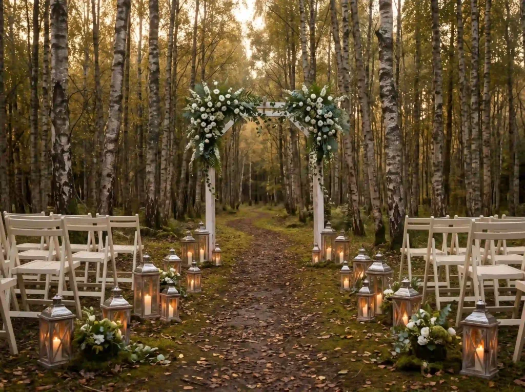 Birch forest wedding ceremony aisle K