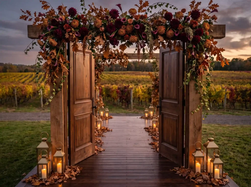 Burgundy autumn wedding entrance K