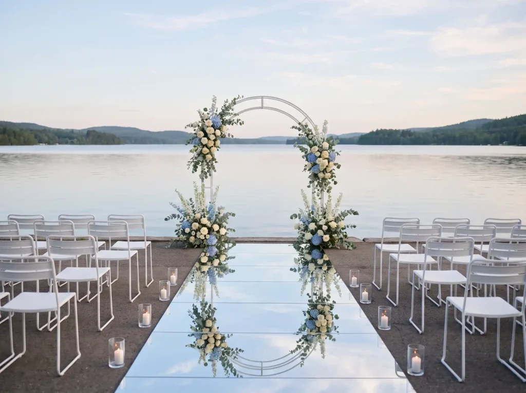 Lakeside wedding ceremony setup K